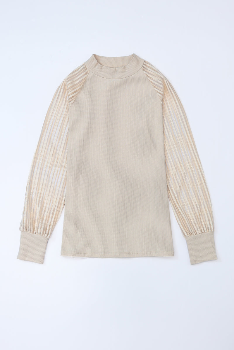 Apricot Ribbed Solid Color Striped Mesh Long Sleeve Top