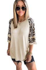 Beige Cheetah Print Tiered Half Sleeve Jewel Neckline T Shirt