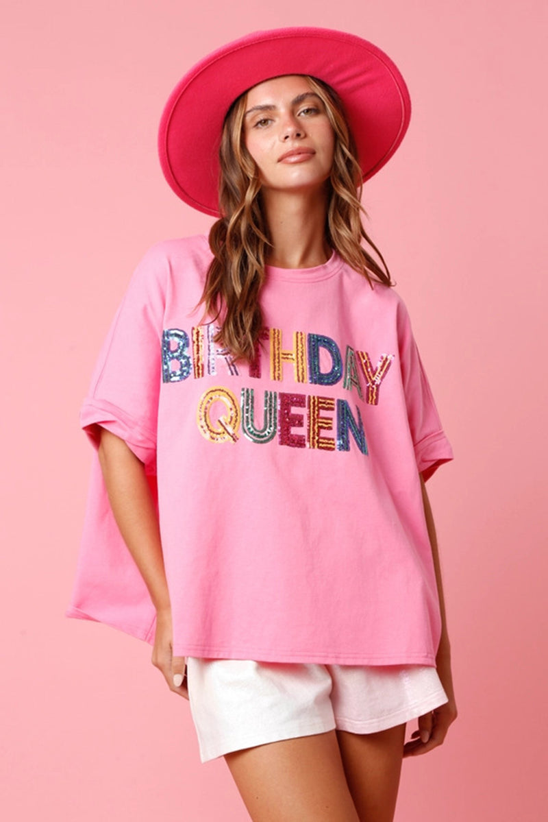 Pink Sequin BIRTHDAY QUEEN Pattern Round Neck T Shirt