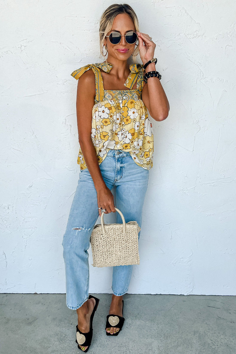 Yellow Floral Patchwork Boho Knot Straps Top