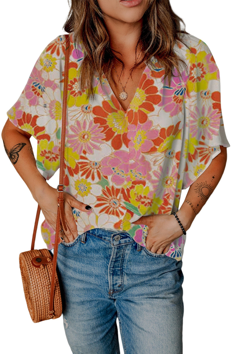 Orange Floral Print V Neck Flutter Sleeve Blouse for Women