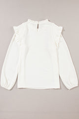 White Frilled Neck Ruffled Trim Bubble Sleeve Blouse