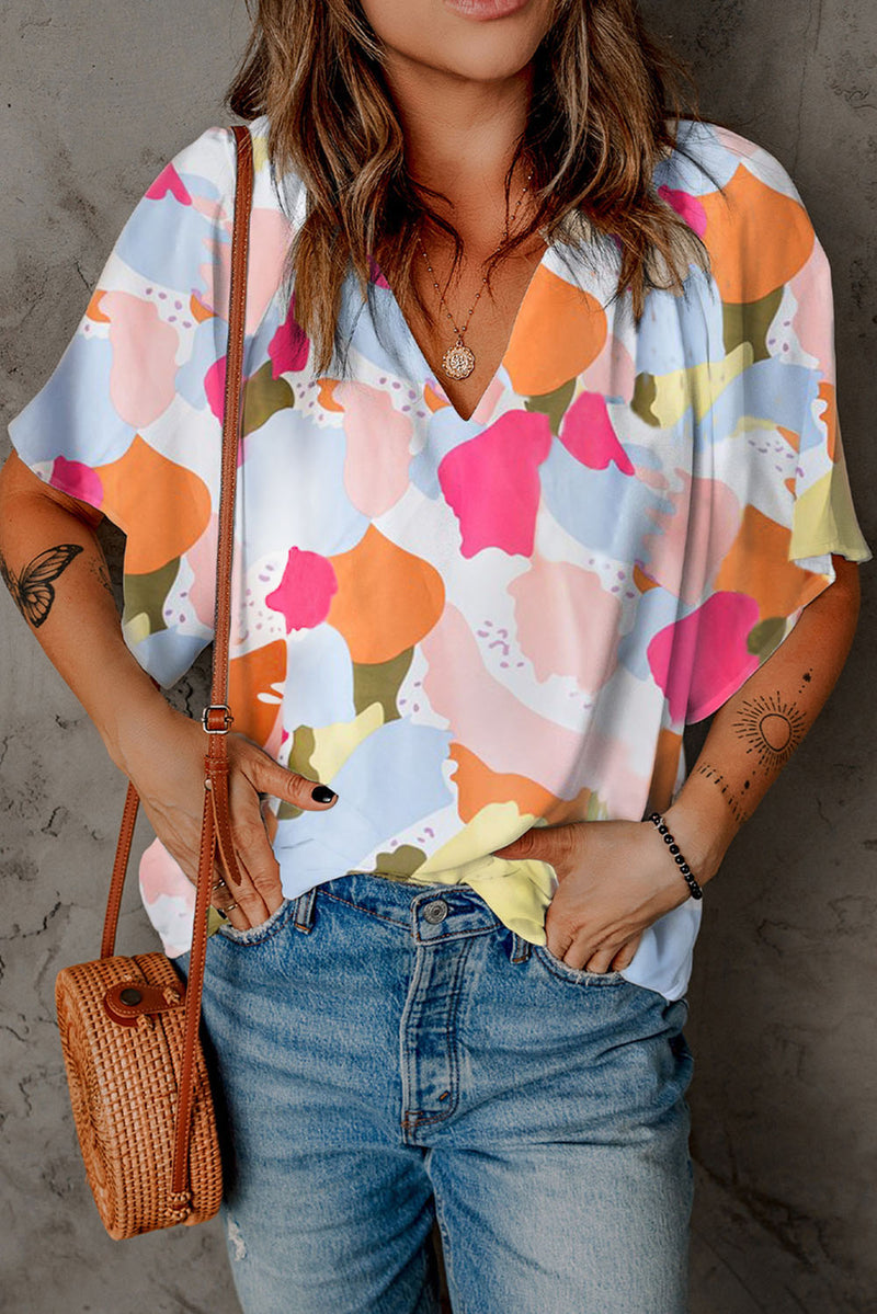 Orange Floral Print V Neck Flutter Sleeve Blouse for Women