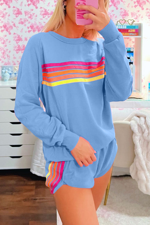 Beau Blue Colorful Striped Long Sleeve Pullover and Shorts Set