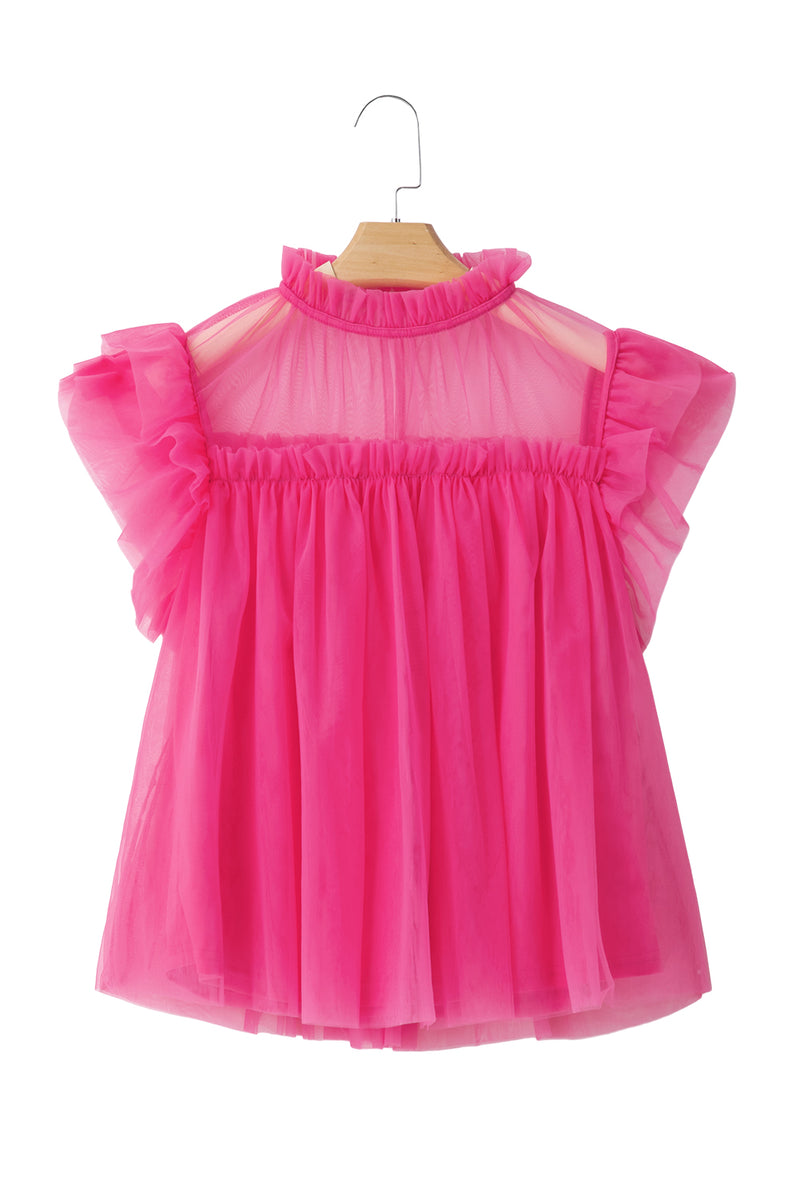 Strawberry Pink Ruffle Trim Mesh Layered Blouse