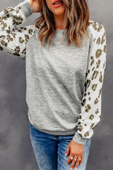 Grey Raglan Sleeve Cheetah Print Sleeve Long Sleeve Shirt