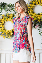 Rosy Boho Abstract Print Ruffle Babydoll Sleeveless Shirt