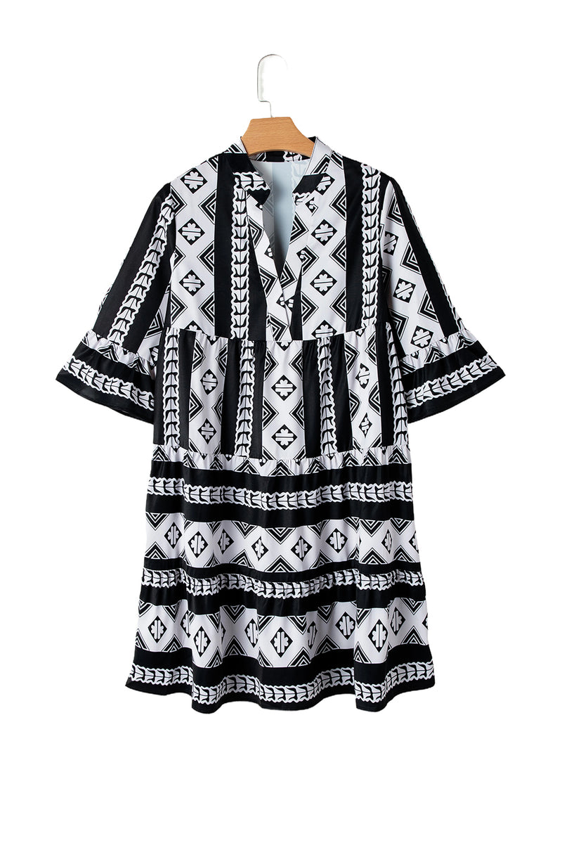 Black Abstract Print Bell Sleeve V Neck Boho Dress