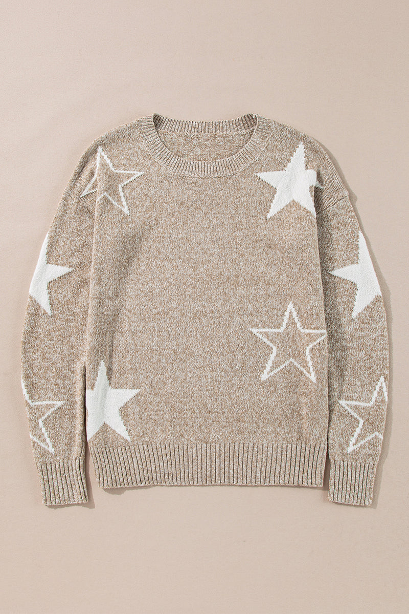 Gray Star Pattern Drop Shoulder Knit Sweater