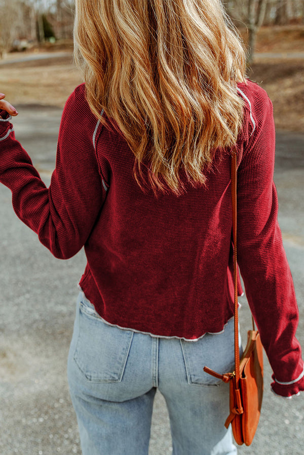 Red Textured Rugby Graphic Contrast Hem Sweatshirt