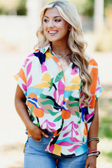 Multicolour Abstract Leaf Print Button Up Short Sleeve Blouse