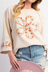 Beige Flower Patched Side Slits Plus Size Top