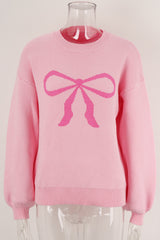 Pink Bow Round Neck Pullover Sweater