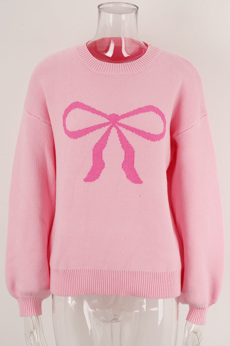 Pink Bow Round Neck Pullover Sweater