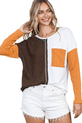 Brown Color Block Textured Chest Pocket Long Sleeve Top