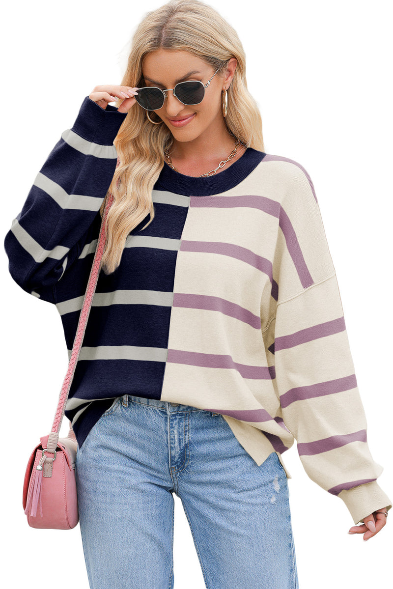 Blue Stripe Exposed Seam Patchwork Loose Sweatshirts