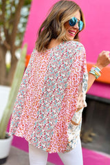 Multicolor Leopard Floral Mix Print Batwing Sleeve Cape Blouse