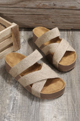 Beige Woven Criss Cross Strap Platform Slides Shoes