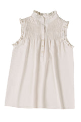 White Smocked Button Front V Neck Sleeveless Shirt