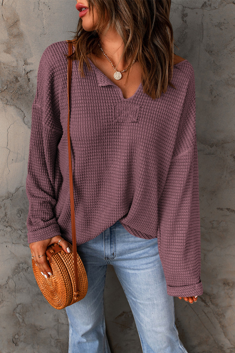 Purple Waffle Knit Split V Neck Drop Shoulder Long Sleeve Top