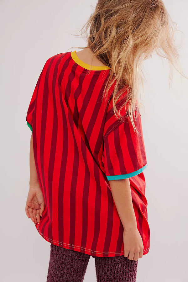 Red Stripe Striped Clashing Colours Casual Loose T Shirt