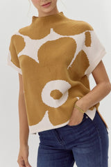 Camel Flower Print Mock Neck Knit Top