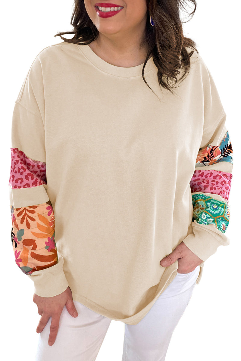 Beige Leopard Patchwork Sleeve Split Plus Sweatshirt