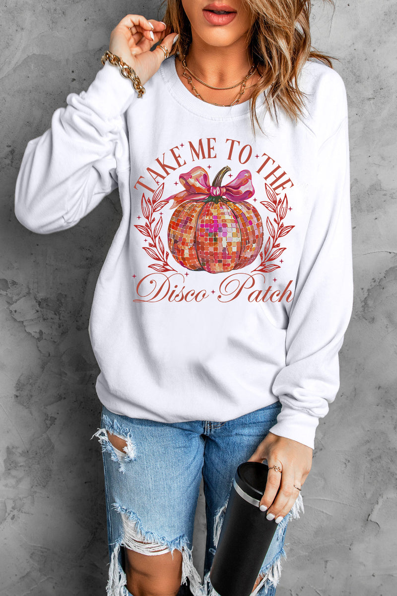 Beige Halloween Disco Ball Pumpkin Graphic Pullover Sweatshirt