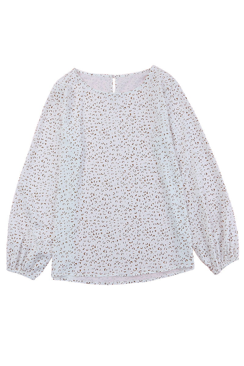 White Cheetah Print Lantern Sleeve Crew Neck Blouse