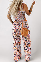 Blue Floral Square Neckline Stretch High Waist Jumpsuit