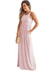 Pink Sleeveless Floor Length Leopard Print Dress with Pockets
