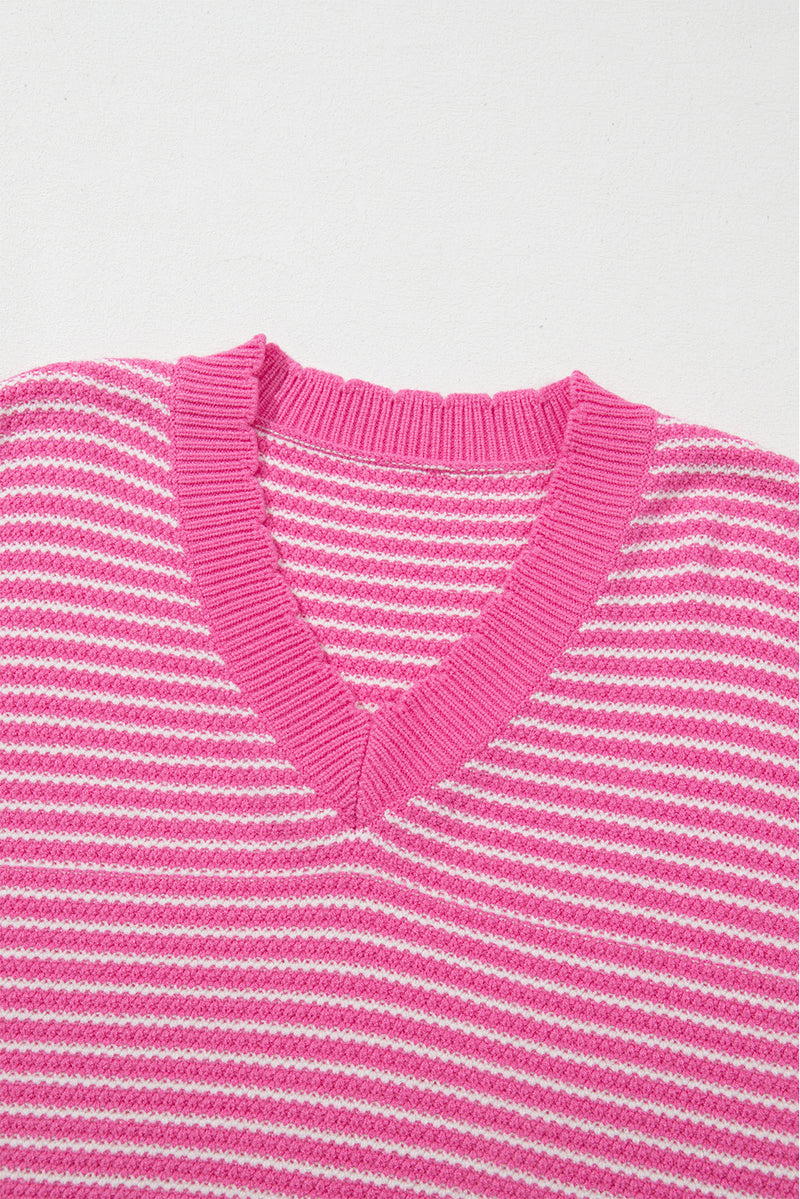 Pink Striped Scallop V Neck Split Knitted Sweater