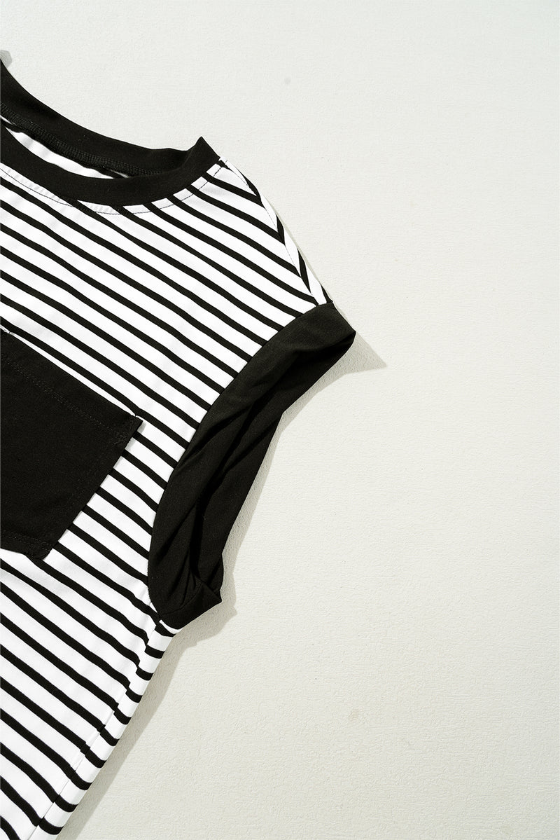 Black Stripe Chest Pocket Patch Round Neck Sleeveless Tee