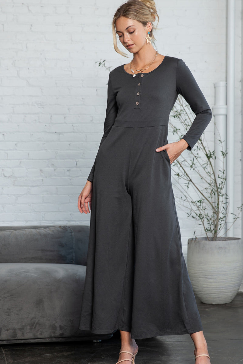 Dark Grey Henley Long Sleeve Wide Leg Jumpsuit with Pockets