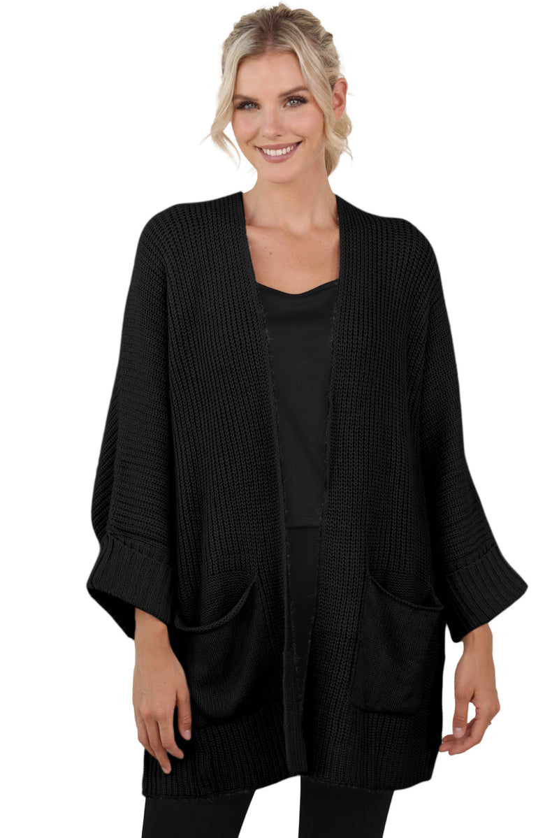 Black Batwing Sleeve Pocket Oversized Cable Knit Cardigan