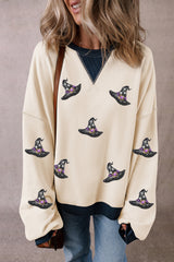 White Halloween Witch Hat Patched Colorblock Edge Sweatshirt