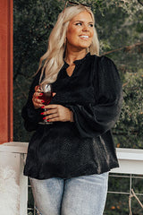 Black Plus Size Leopard Print Frill Notch V Neck Blouse