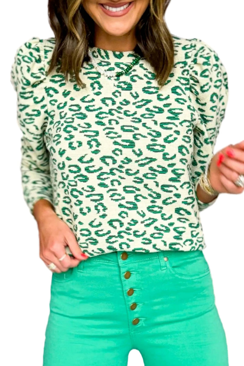 Blackish Green Leopard Print Puff Long Sleeve Top