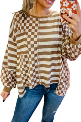 Khaki Checkered Striped Patchwork Lantern Sleeve Top