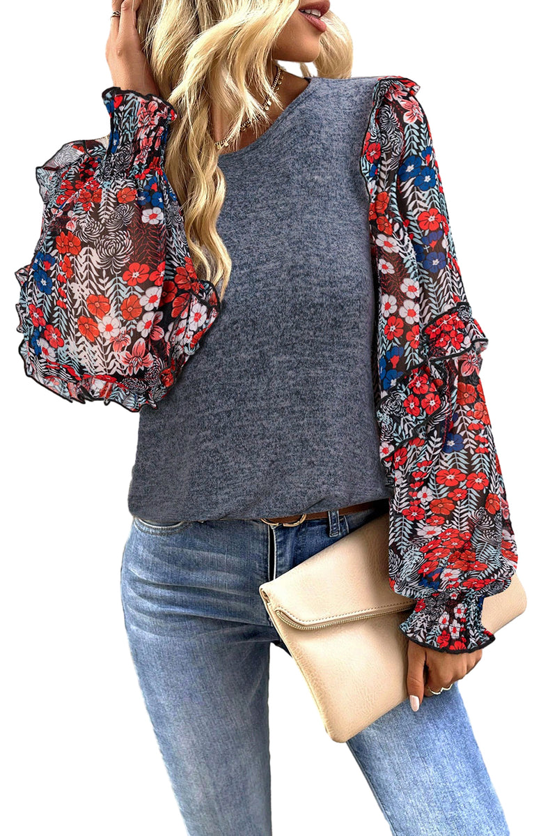 Blue Floral Ruffle Sleeve Patchwork Top