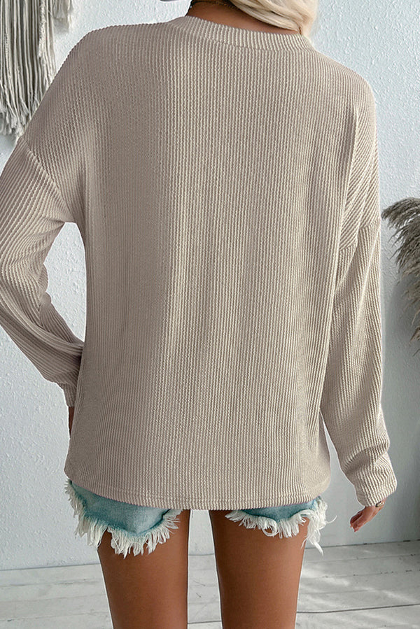 Parchment V Neck Pocket Crinkle Ribbed Knit Top