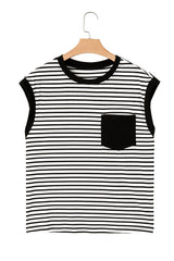 Black Stripe Chest Pocket Patch Round Neck Sleeveless Tee