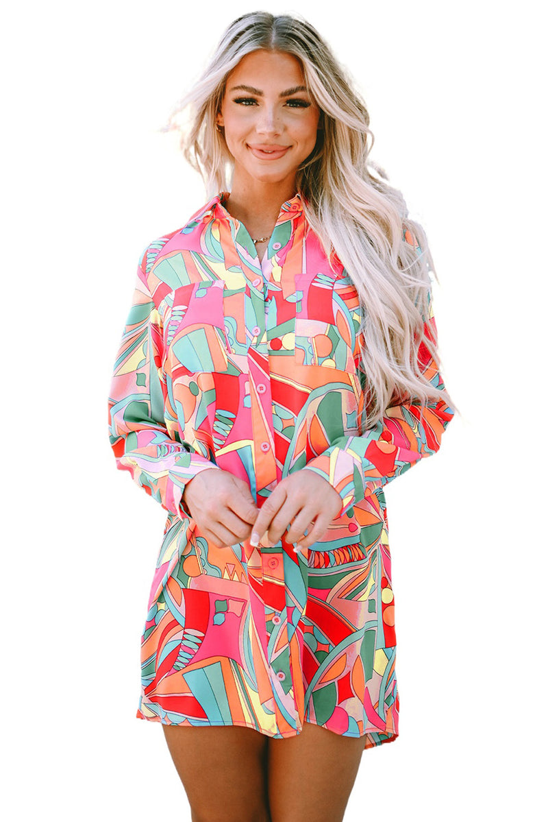 Multicolor Abstract Print Long Sleeve Shirt Dress