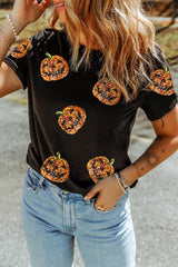 Black Halloween Sequin Pumpkin Face Graphic T Shirt