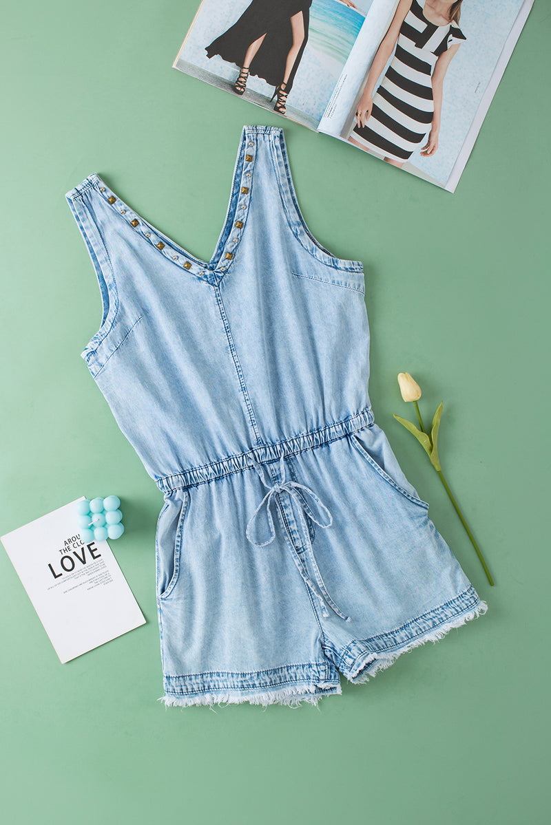 Beau Blue Stud V Neck Sleeveless Raw Hem Denim Romper