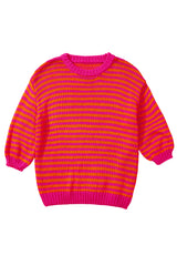 Rose Striped Puff Sleeve Round Neck Sweater