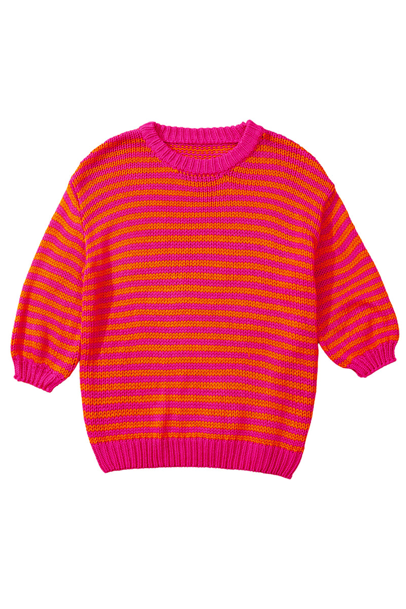 Rose Striped Puff Sleeve Round Neck Sweater