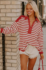 Red Stripe Collared V Neck Drop Shoulder Top