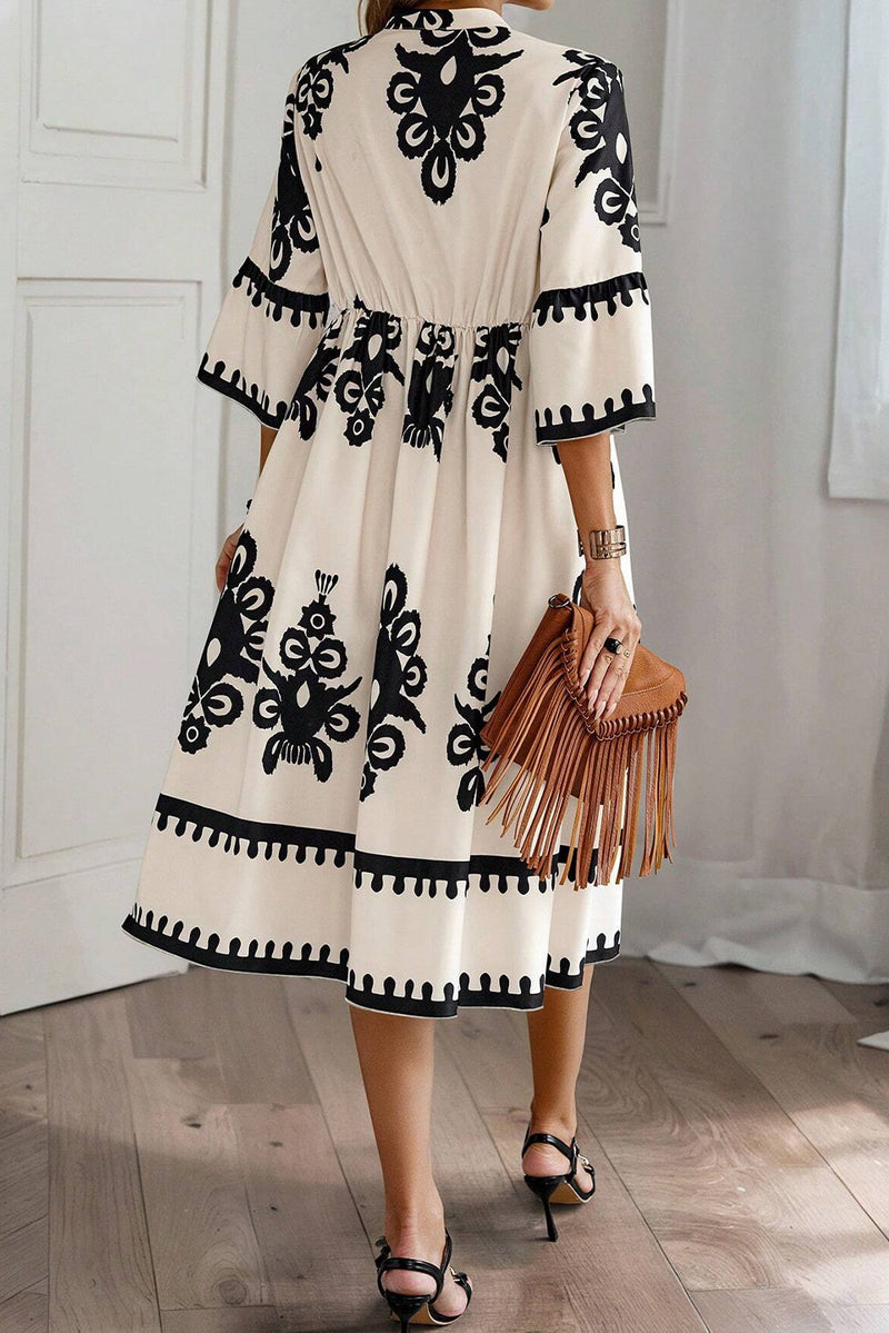 Beige Western Geometric Print 3/4 Sleeve Loose Midi Dress