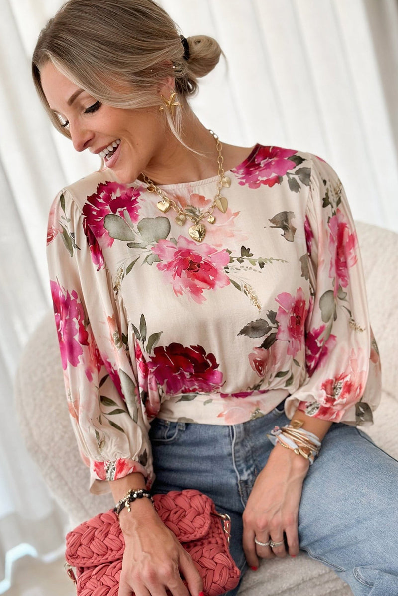 Rose Floral 3/4 Sleeve Lace-up Back Blouse